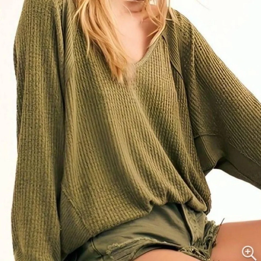 🟠NWT FREE PEOPLE Santa Clara Thermal Oversized Top in Ferngully Olive SMALL